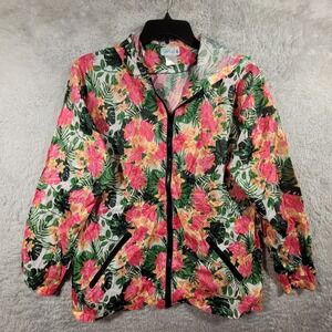 Sack It Jacket Floral Print Lightweight Hood Windbreaker Pink Green White Large